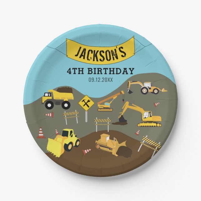 Construction Trucks Site Theme Birthday Party   Paper Plate (Front)