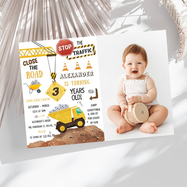 Construction Trucks Theme 3rd Birthday Party Photo Invitation (Creator Uploaded)