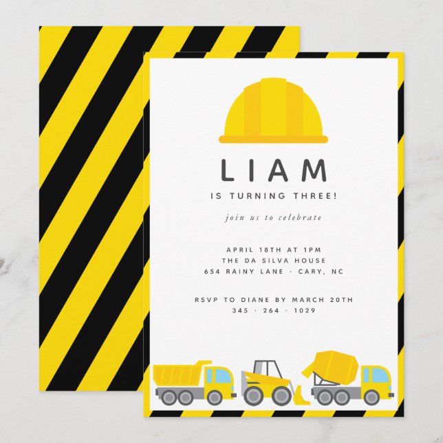 Construction Trucks Theme Birthday Party Invitation (Front/Back)