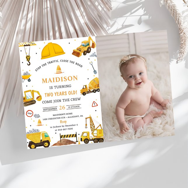 Construction Trucks Theme Birthday Party Photo  Invitation (Creator Uploaded)