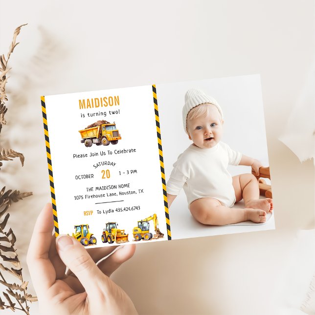 Construction Trucks Theme Birthday Party Photo  Invitation (Creator Uploaded)