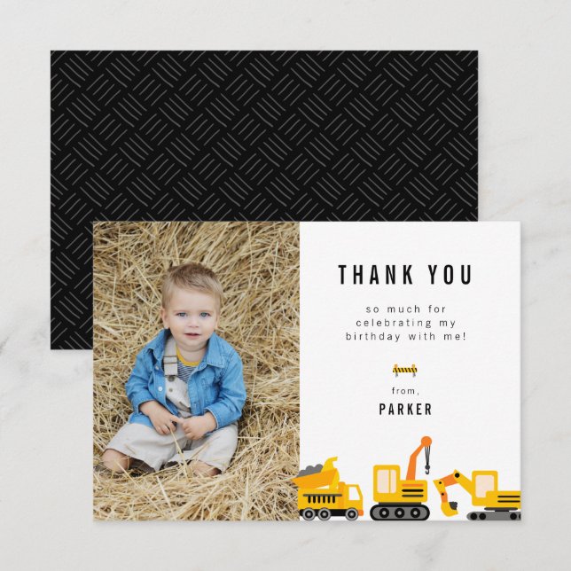 Construction Trucks Theme Birthday Photo Thank You Card (Front/Back)