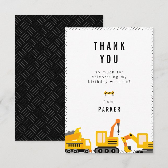 Construction Trucks Theme Birthday  Thank You Card (Front/Back)