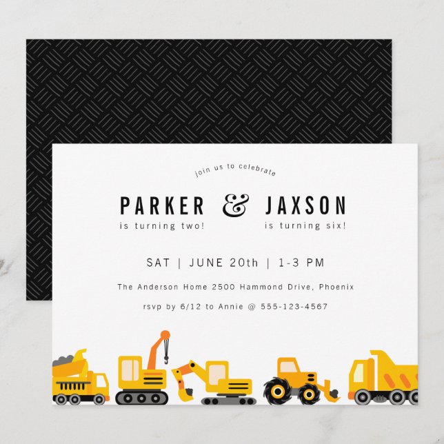 Construction Trucks Theme Joint Birthday Invitation (Front/Back)