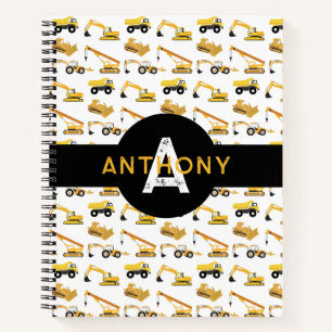 Construction Trucks Vehicles Kids Monogram Notebook