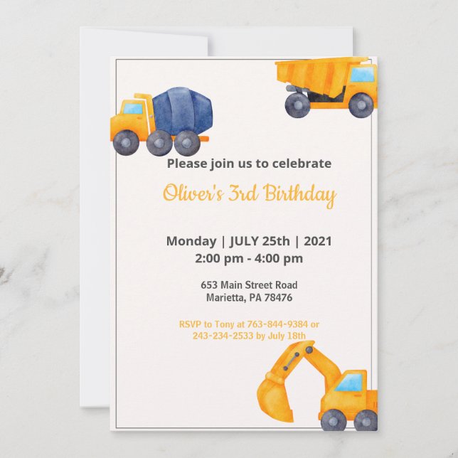 Construction Trucks | Year in Review Birthday Invitation (Front)