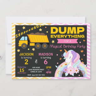 Construction & Unicorn Joint Birthday Invitation