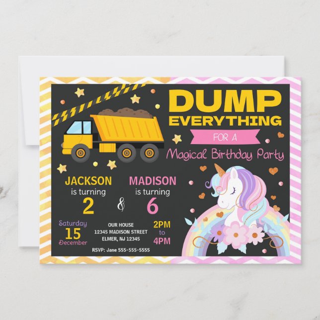 Construction & Unicorn Joint Birthday Invitation (Front)
