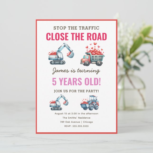 Construction Valentine Birthday Party Invitation (Standing Front)