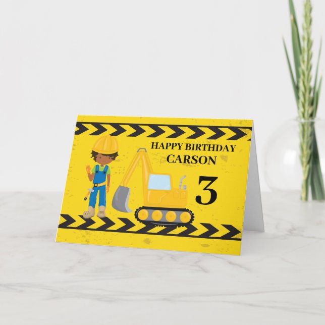 Construction Vehicle African American Boy Birthday Card (Front)