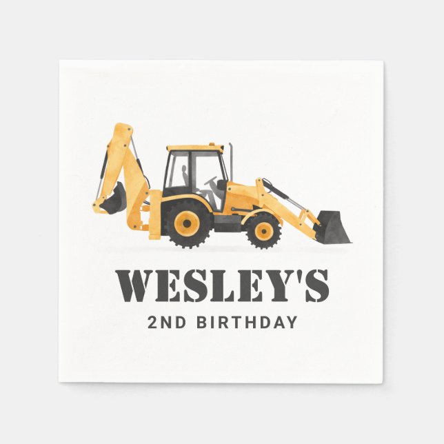 Construction Vehicle Backhoe Birthday Party Napkin (Front)