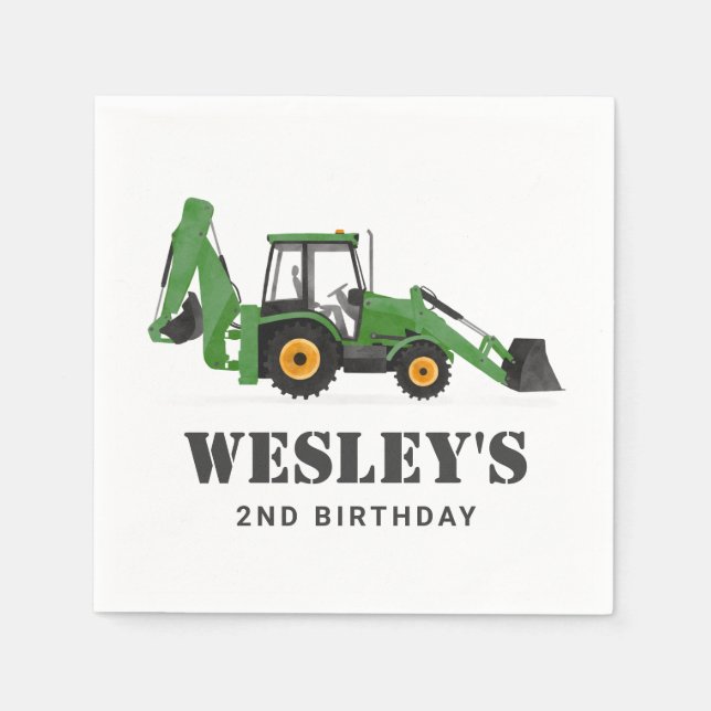 Construction Vehicle Backhoe Birthday Party Napkin (Front)