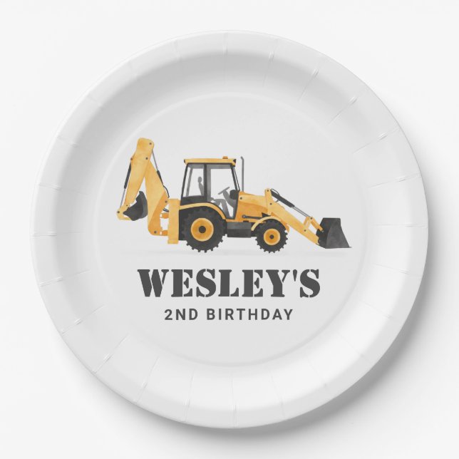 Construction Vehicle Backhoe Birthday Party Paper Plate (Front)