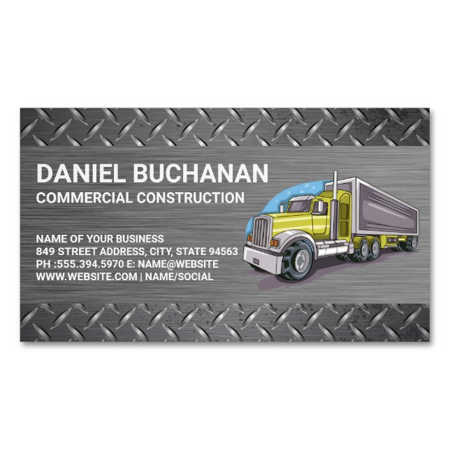 Construction Vehicle | Big Rig Truck | Driver Magnetic Business Card (Front)