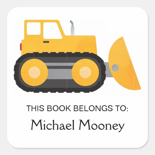 Construction vehicle bulldozer cute kid bookplate  square sticker (Front)