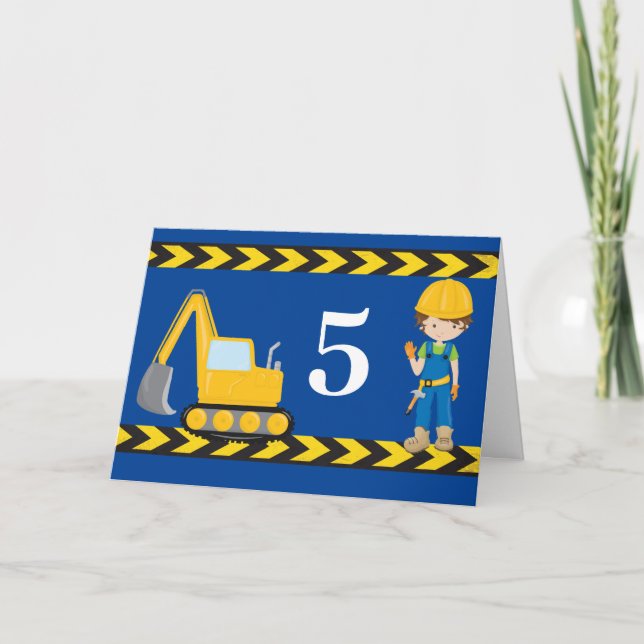 Construction Vehicle Custom Kids Blue Birthday Card (Front)