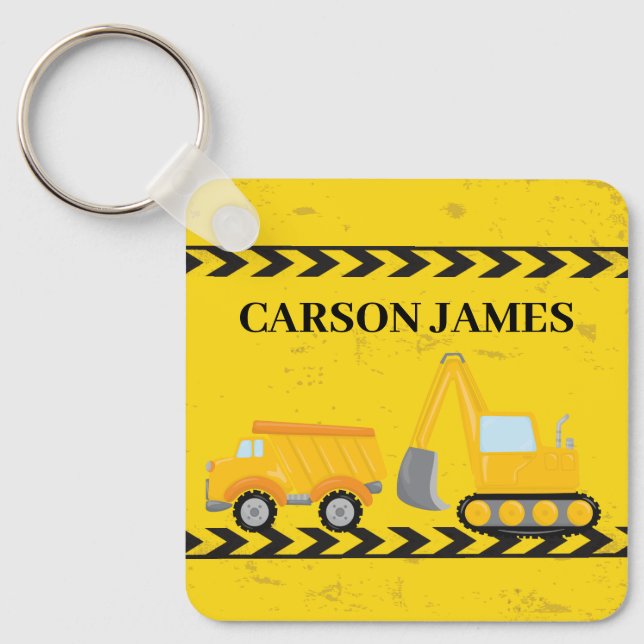 Construction Vehicle Cute Personalised Yellow Kids Key Ring (Front)