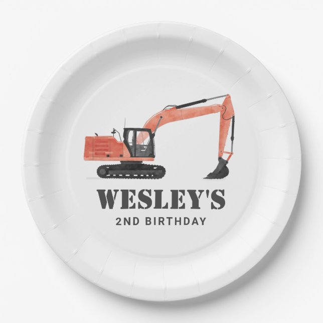 Construction Vehicle Excavator Birthday Party Paper Plate (Front)