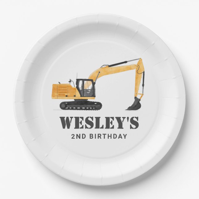 Construction Vehicle Excavator Birthday Party Paper Plate (Front)