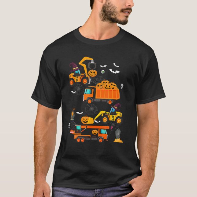 Construction Vehicle Halloween Crane Truck Pumpkin T-Shirt (Front)