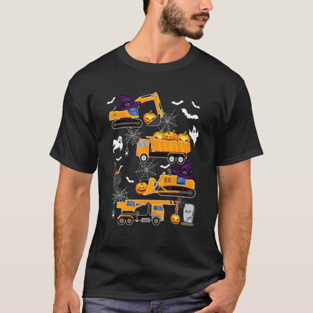 Construction Vehicle Halloween Crane Truck Pumpkin T-Shirt (Front)