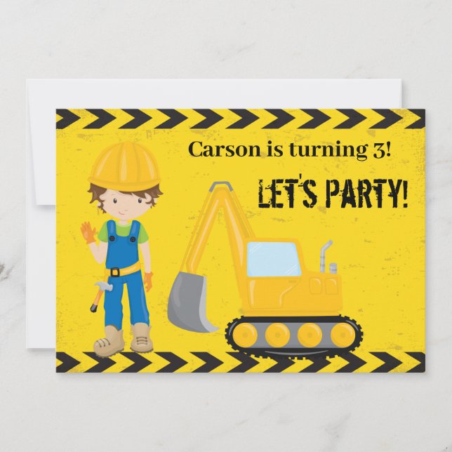 Construction Vehicle Kids Yellow Birthday Party Invitation (Front)
