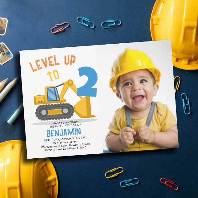 Construction Vehicle Party Photo Boy 2nd Birthday Invitation (photo construction birthday party boy 2nd second bulldozer vehicle truck level up cute personalized)