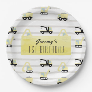 Construction Vehicle Pattern White Birthday Paper Plate