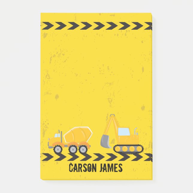 Construction Vehicle Personalised Kids Name Yellow Post-it Notes (Front)