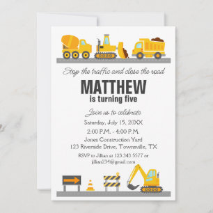 Construction Vehicle Trucks Birthday Invitation