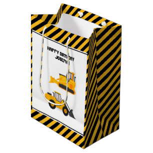 Construction Vehicle Trucks Gold Birthday Medium Gift Bag