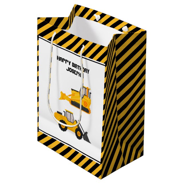 Construction Vehicle Trucks Gold Birthday Medium Gift Bag (Front Angled)