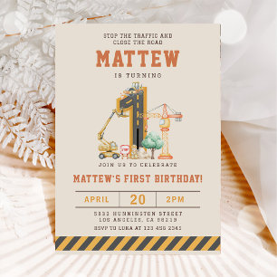 Construction Vehicles 1st Birthday Invitation