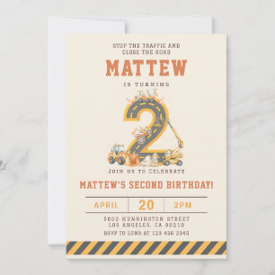 Construction Vehicles 2nd Birthday Invitation