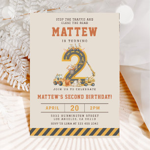 Construction Vehicles 2nd Birthday Invitation