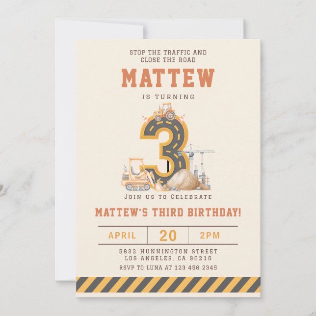 Construction Vehicles 3rd Birthday Invitation (Front)