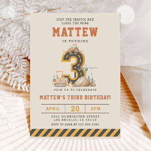 Construction Vehicles 3rd Birthday Invitation