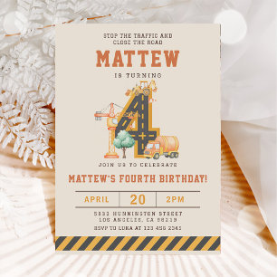 Construction Vehicles 4th Birthday Invitation