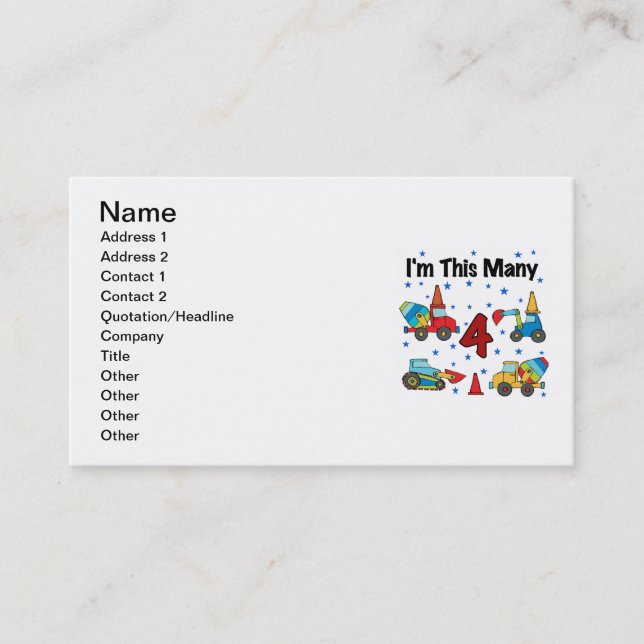 Construction Vehicles 4th Birthday T-shirts Business Card (Front)