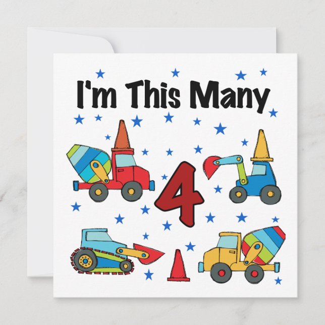 Construction Vehicles 4th Birthday T-shirts Card (Front)
