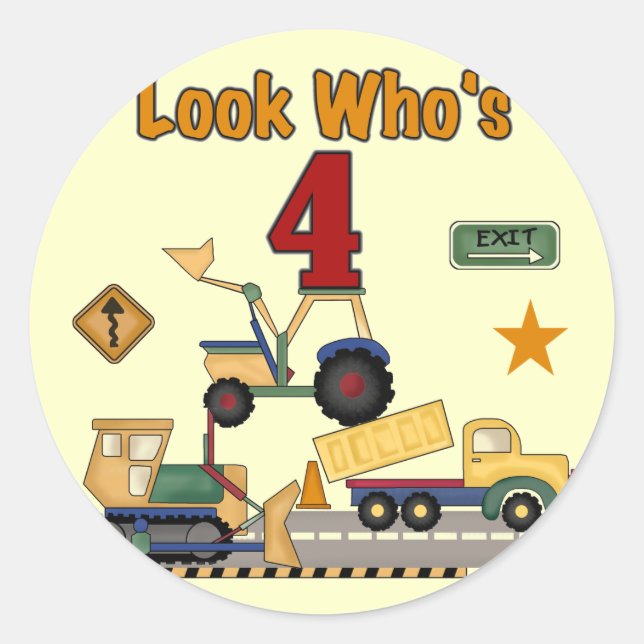 Construction Vehicles 4th Birthday Tshirts Classic Round Sticker (Front)