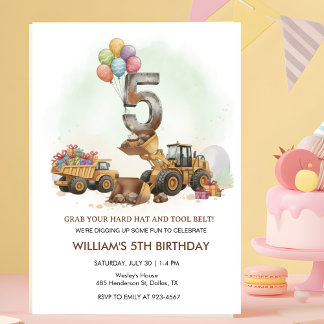 Construction Vehicles 5th Birthday Invitation