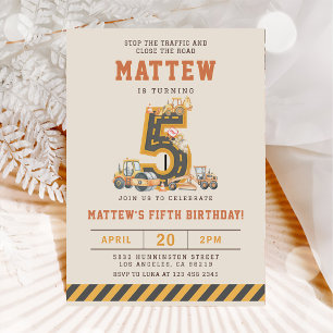 Construction Vehicles 5th Birthday Invitation