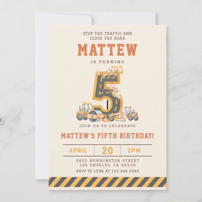 Construction Vehicles 5th Birthday Invitation (Front)