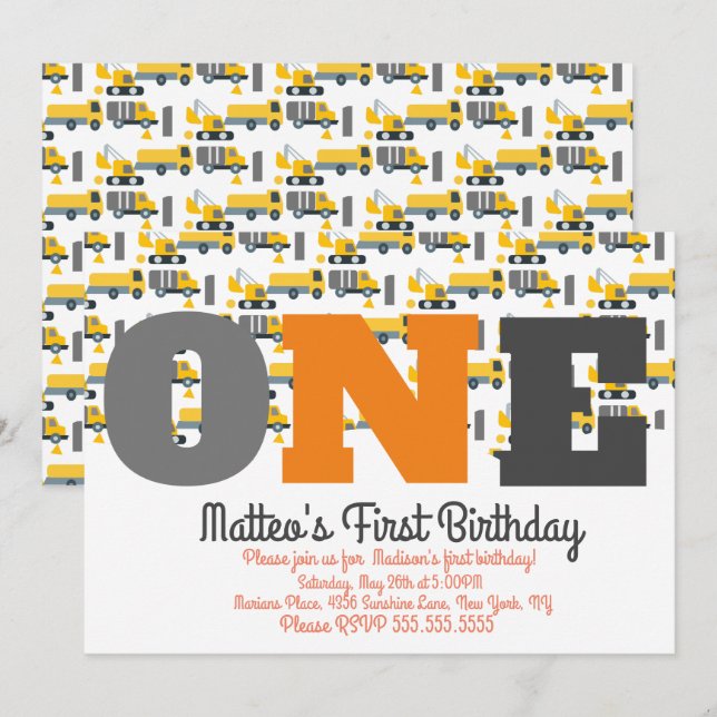 Construction Vehicles Birthday Dump Big One Invitation (Front/Back)