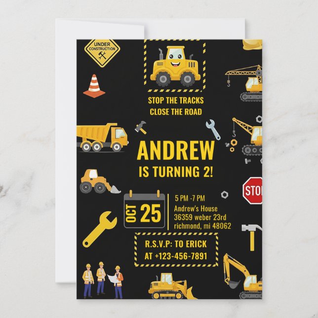 Construction Vehicles Birthday Party Digital Invitation (Front)