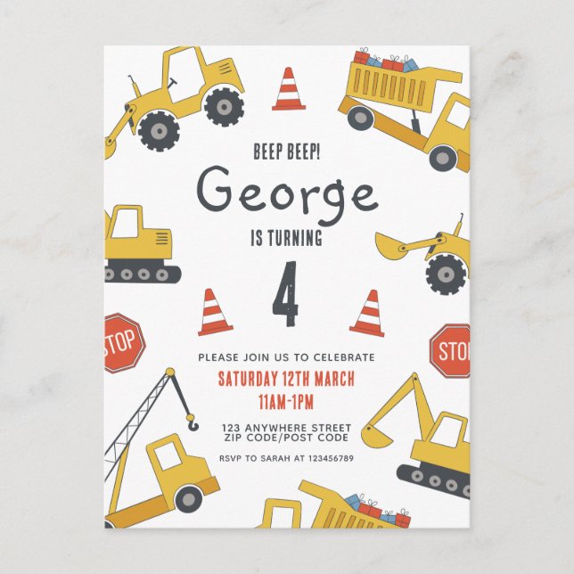 Construction Vehicles Birthday Party Invitation Postcard (Front)
