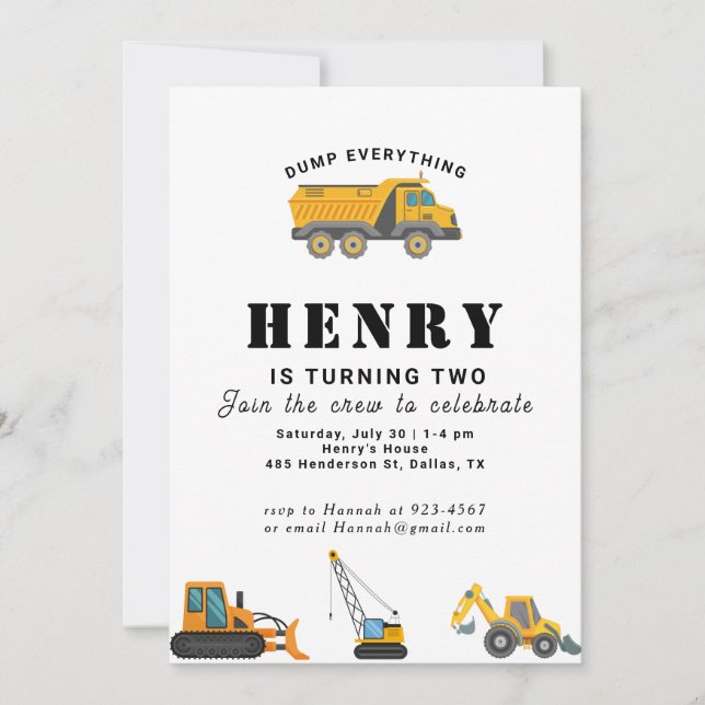 Construction Vehicles Boy Birthday Invitation (Front)
