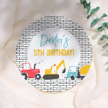 Construction Vehicles Boy Birthday Party Paper Plate<br><div class="desc">Add some fun to your birthday party with these paper plates! Made to match our Construction Vehicles Boy Birthday Party collection, this design features three construction vehicles: a tractor, a digger, and a cement truck along the bottom of the plate. Click on "Personalise this template" and fill in the boxes...</div>