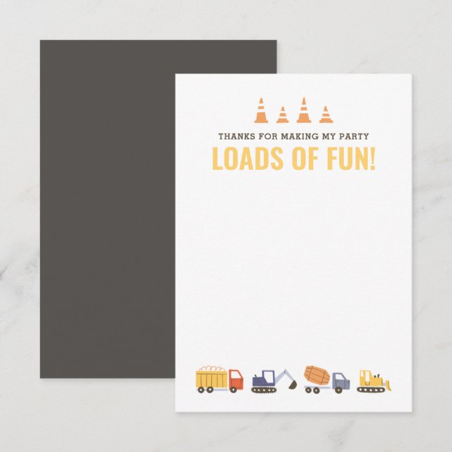 Construction Vehicles Boy Birthday Party Thank You Card (Front/Back)